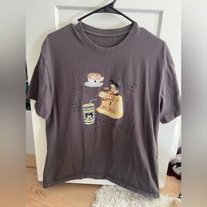 SOLD ———- Gray Graphic T-Shirt with Coffee and Character Design size S/M